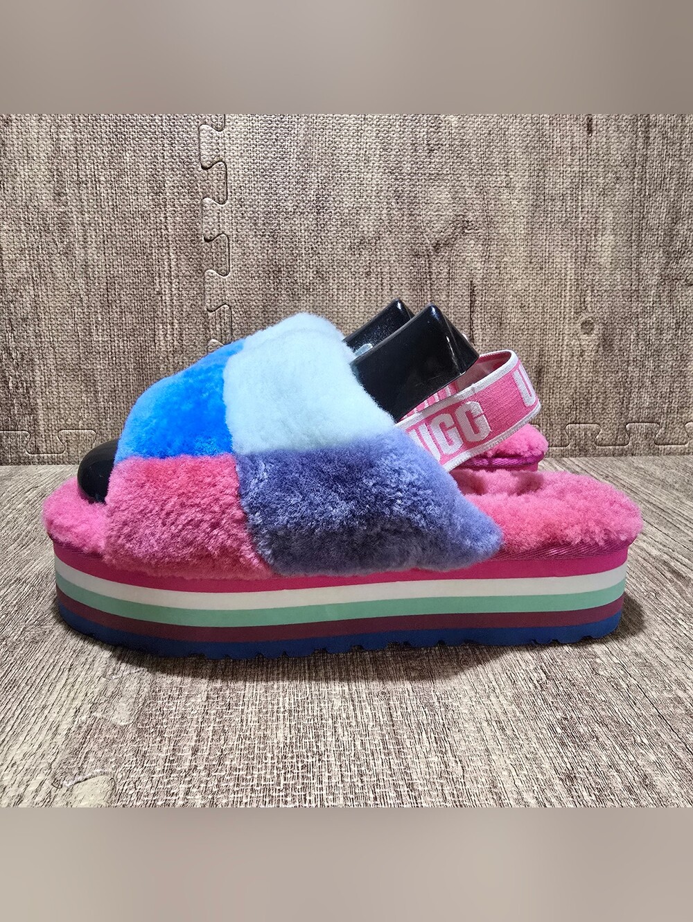 UGG Disco Checker Slides fluff Rainbow Platform Slippers Womens Size 10